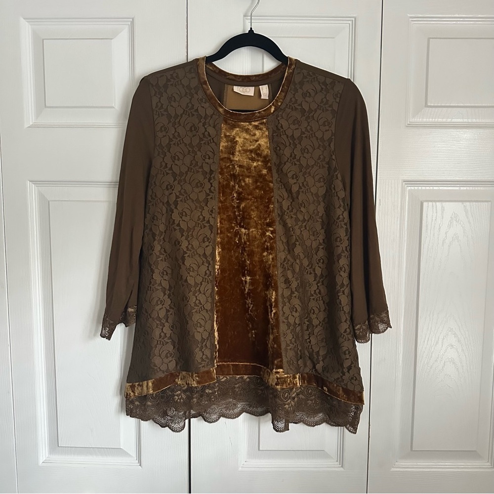 LOGO Lavish Shirt Womens Small Brown Gold Lace Velvet Tunic Boho Forest Fairy